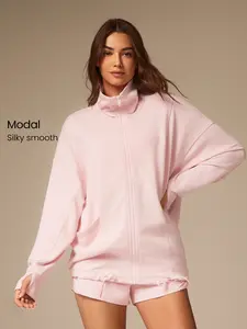 GLOWMODE Softserene Modal Chill Days Oversized Silky Smooth Breathable Wide Collar Drawstring Hem Zip-Up Jacket Daily Casual Wear