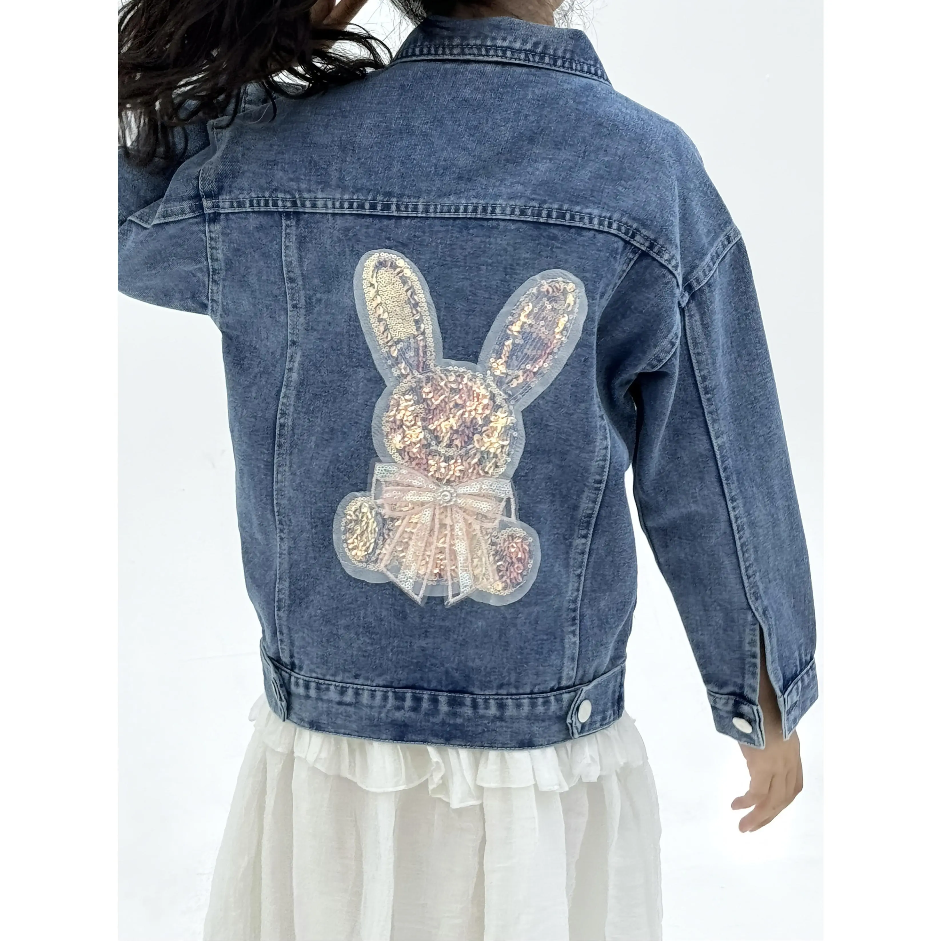 Girls' Regular Cut Casual Denim Jacket - 75% Cotton 25% Polyester Cotton Blend Fabric, Long Sleeves, Button-Up Front, Flap Pockets, Embroidered Rabbit & Bow Accents, Light Blue Animals-Theme 11-12 Years Outerwear for Casual Wear