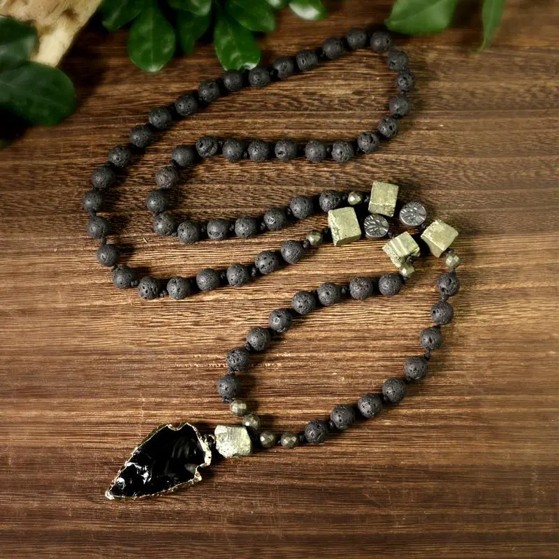 Black Obsidian Arrowhead Necklace with Lava Rock & Pyrite Beads, Handmade Viking Jewelry for Men and Women, Daily Wear to Enhance Willpower, Around 30-32 in, Casual, Unisex