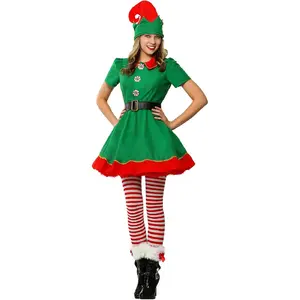 Women's Holiday Elf Costume Dress with Hat and Belt, Green and Red Brushed Knit Flannel, Short Puff Sleeves, Gold Braided Buttons, Faux Leather Belt, Perfect for Christmas Party
