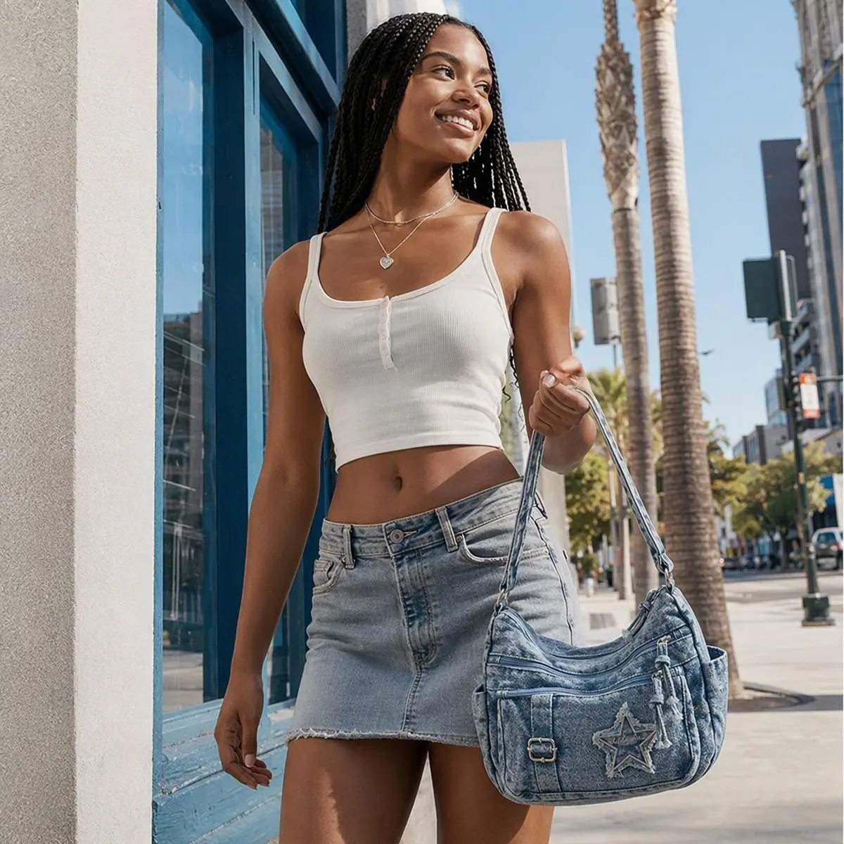Gosect Women's Denim Crossbody Bag - Y2K Washed Denim Shoulder Handbag, Large Capacity Multi-Pocket Purse with Adjustable Strap, Machine Washable, Back to School Work Everyday