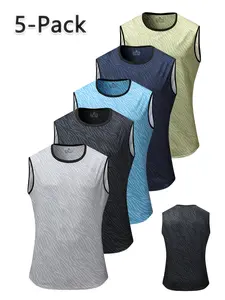 Men’s 5-pack zebra-print tank-style athletic tops; quick-dry sleeveless T-shirts for outdoor fitness apparel; solid-color athletic tanks; casual sleeveless tank tops with crew neck; loose, breathable sleeveless tank tops.
