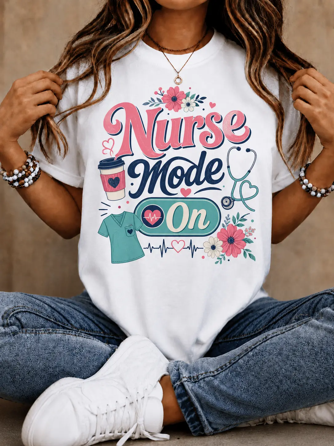 Women's Nursing T-Shirt with 'Nurse Mode On' Graphic Print, Cute Casual Fit Cotton Top for a Lady, All Seasons Machine Washable Healthcare Accessory