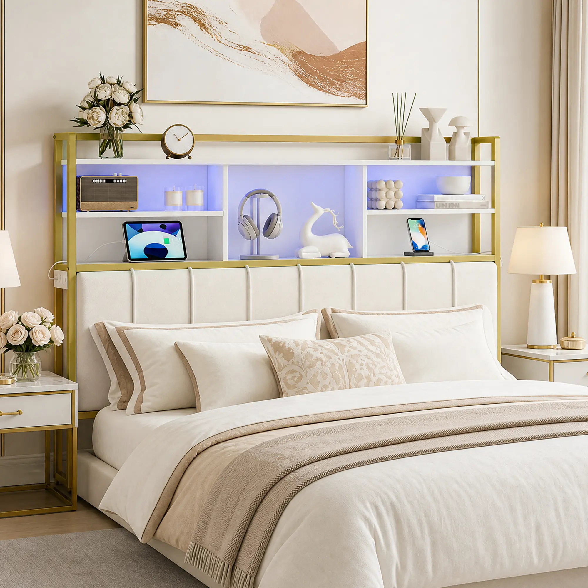 Hzuaneri Full Size Velvet Upholstered Headboard with 3-Tier Shelf Space, Adjustable Storage Space, Sturdy Metal Frame, 2 Outlets, USB Ports, Smart Colorful LED Light & Soft Backrest - Headboard with Charging Station