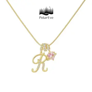 PolarEve 14K Gold Plated 3-Layering Initial A-Z Letter Pendant Necklaces for Women Snake Chain Choker Pink Heart Zircon Adjustable Length Necklace Jewelry