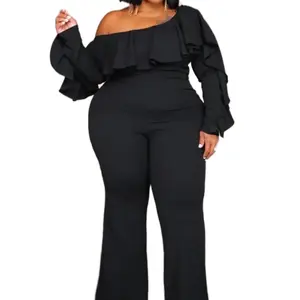 Plus Size Women's Jumpsuit - Black, Long Sleeves, Overalls Design, Comfortable Fit - Womenswear