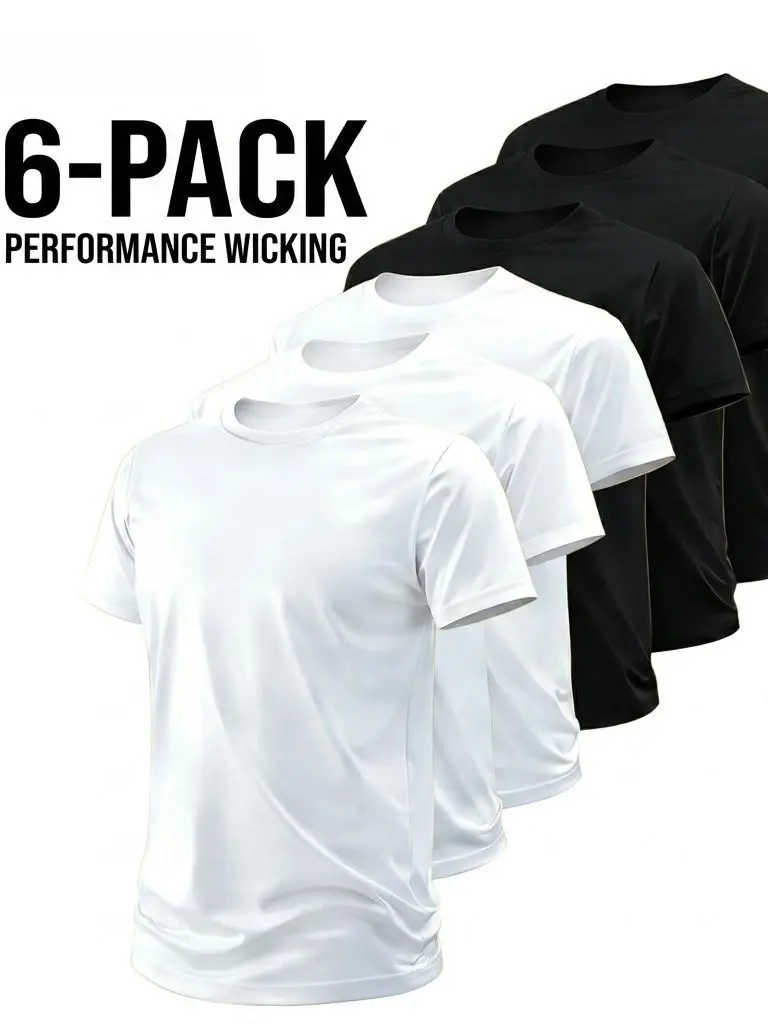 Men's 6-Pack Plain Polyester Crew Neck Shortsleeve Tshirts - Quick-Drying, Moisture-Wicking, Breathable, Cool, 4-Way Stretch Athletic Sportswear Layer - Suitable for Gym Workouts, Running