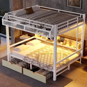 Queen over Queen Bunk Bed with Storage Shelves and Drawers,Multifunctional Metal Bunk Beds with USB Ports and LED Lights, Lower Bed that can be converted into a sofa, White