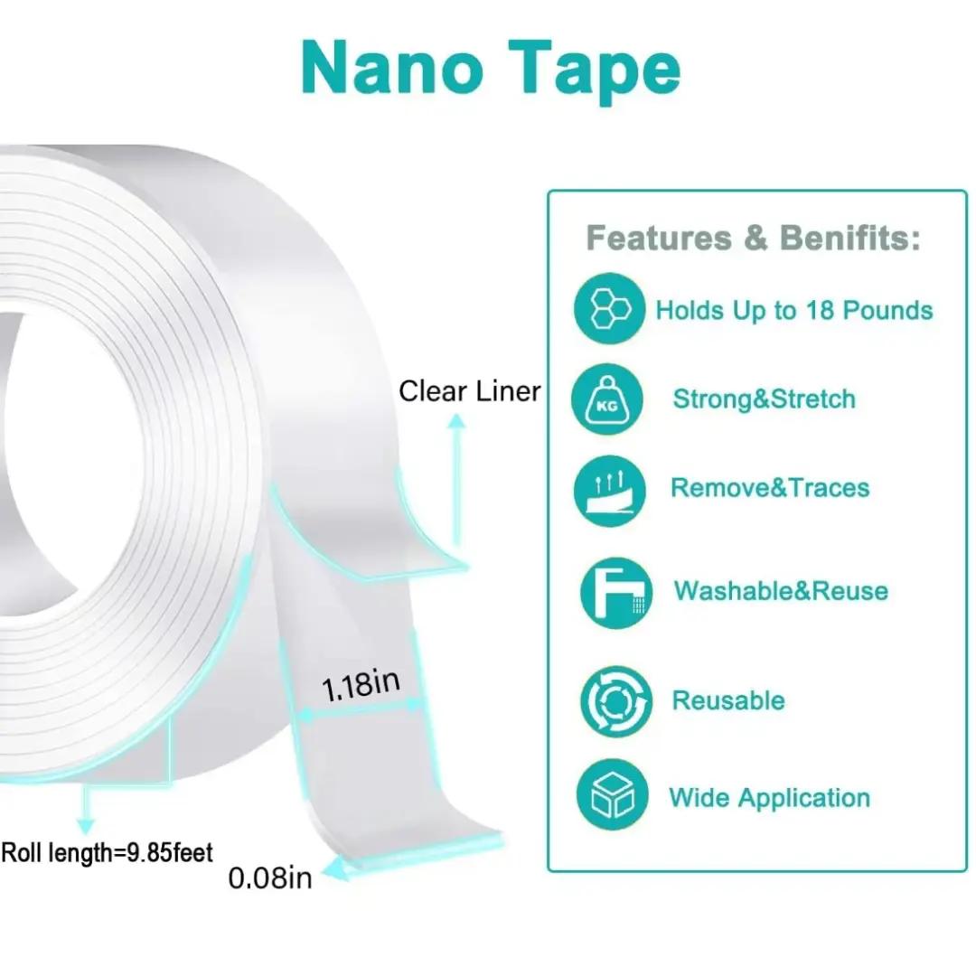 2PCS Ultra-strong Double Sided Adhesive Nano Tape Heavy Duty Transparent Reusable  Tapes Heat Resistance for Bathroom Home Decoration  Picture Hanging Picture Hanging 10.5FT Traceless Magic Tape