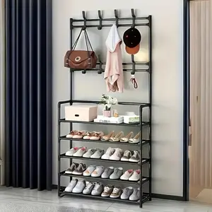 Classic modern style metal shoe rack with 8 hooks, 3-in-1 coat rack and wardrobe, 5-tier storage space, solid color design, hand washable, fiber-free material, non-magnetic, romantic style - Coat Rack