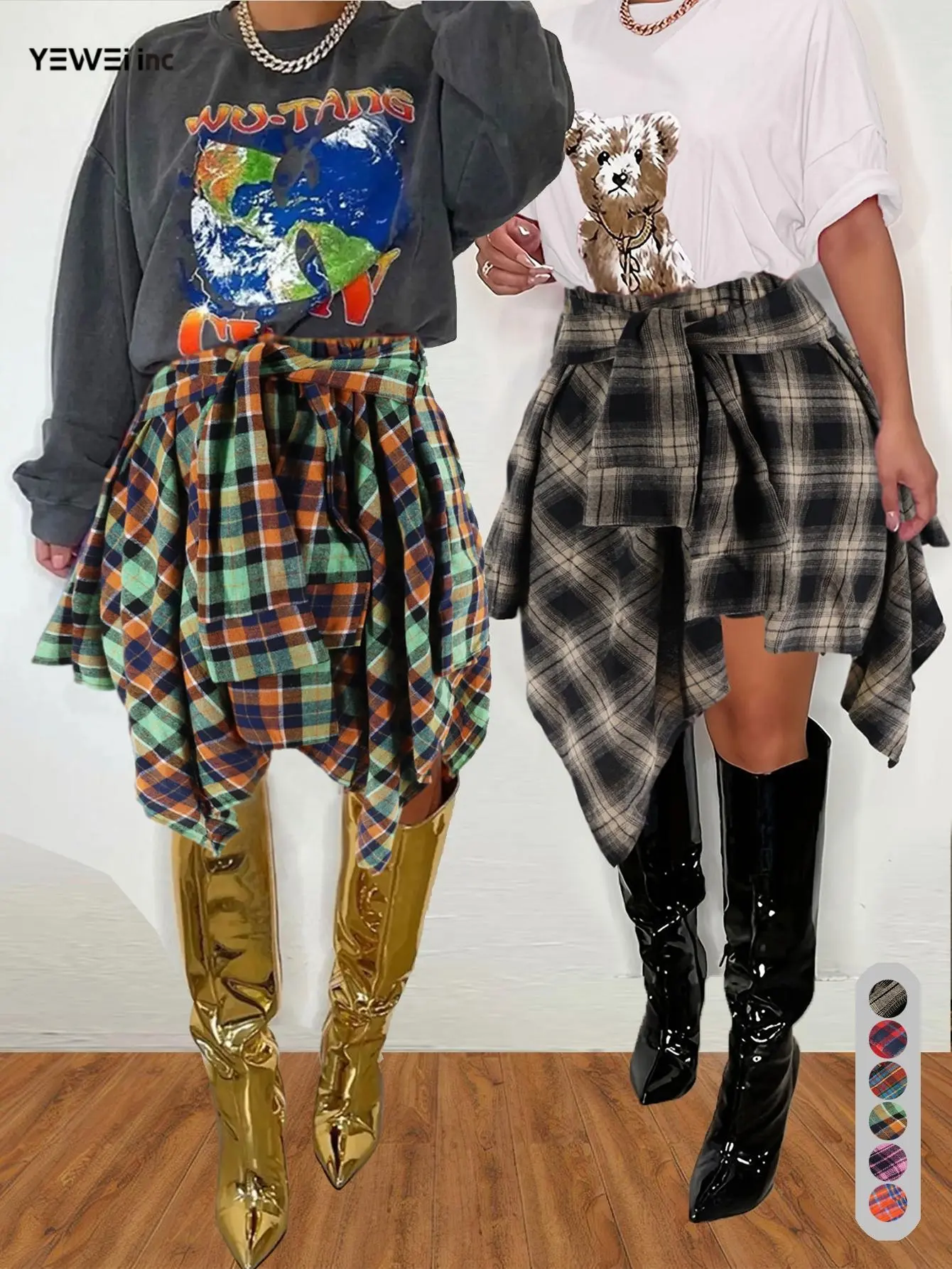 Women 2 Piace Skirts  in Flowy CheekyShort Skirts  Girl BottomWomenswear  Women's Fashion MulticolorPlaid Print Asymmetrical Hem HighWaist Skirt, Back To SchoolClothes, Casual Comfort Elastic Waist TieredLayer Knee Length Skirt Underwear