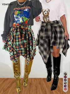 Women 2 Piace Skirts  in Flowy CheekyShort Skirts  Girl BottomWomenswear  Women's Fashion MulticolorPlaid Print Asymmetrical Hem HighWaist Skirt, Back To SchoolClothes, Casual Comfort Elastic Waist TieredLayer Knee Length Skirt Underwear