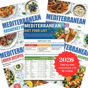 2026 Set 5 Mediterranean Diet Food List  - Mediterranean Ingredient Meal Plan, Foods To Limit, Lunch, Breakfast Recipes for Easy Chart Brochure Cookbook Healthy Living