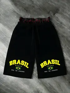 Rio De Janeiro Plaid Print Sport Shorts, Street Style Y2K Casual Summer Beach Fitness Men's Shorts, Brazil Flag Drawstring Comfortable Shorts, Breathable Printed Shorts