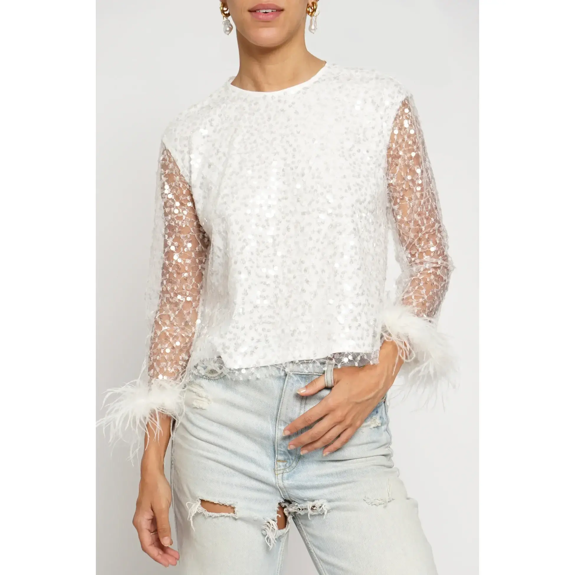 Women's Sequin Mesh Blouse with Feather Sleeves - GST2684