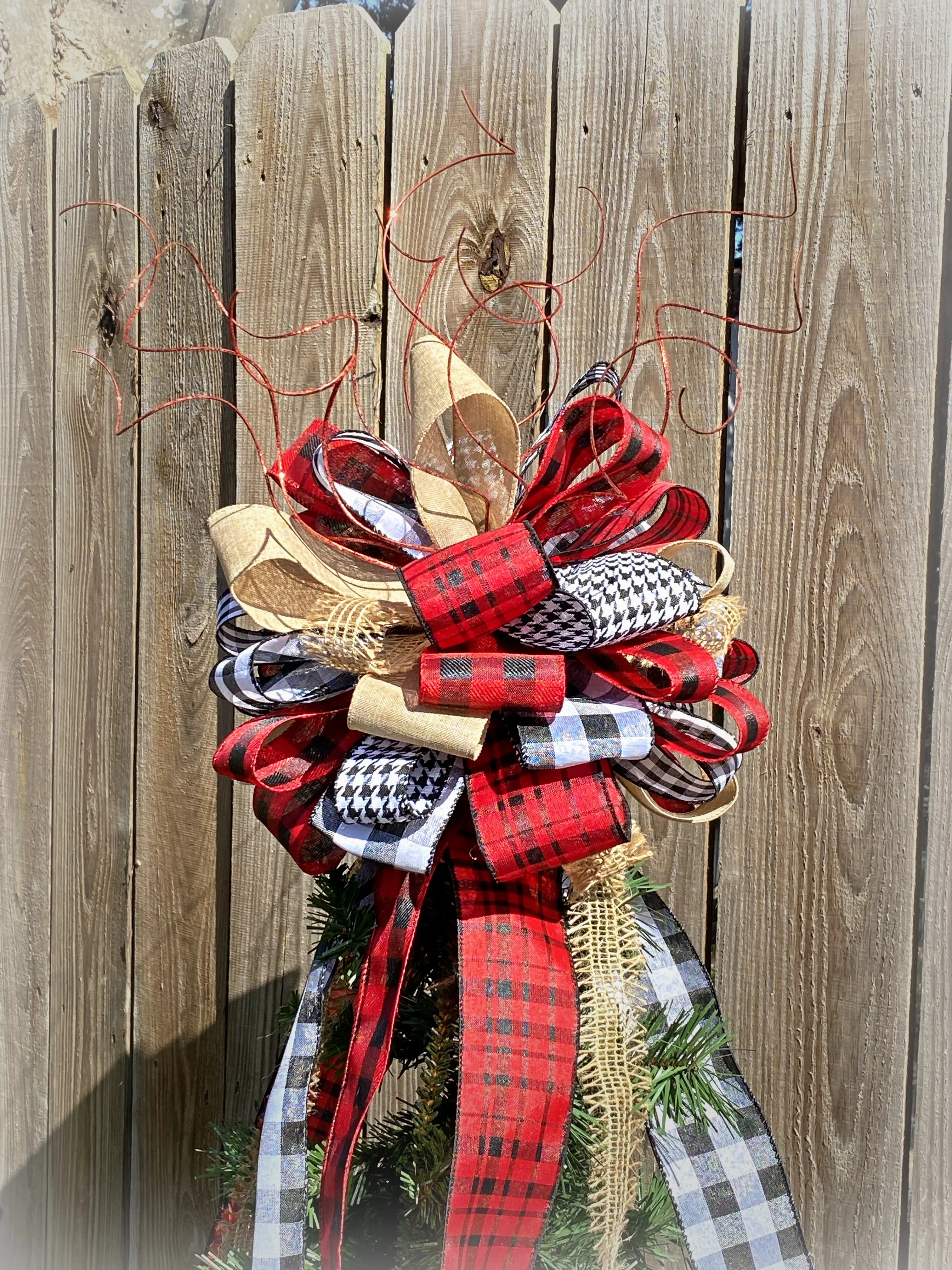 Red/Black, Black/White & Tan Buffalo Plaid Farmhouse Style Christmas Tree Topper/Bow