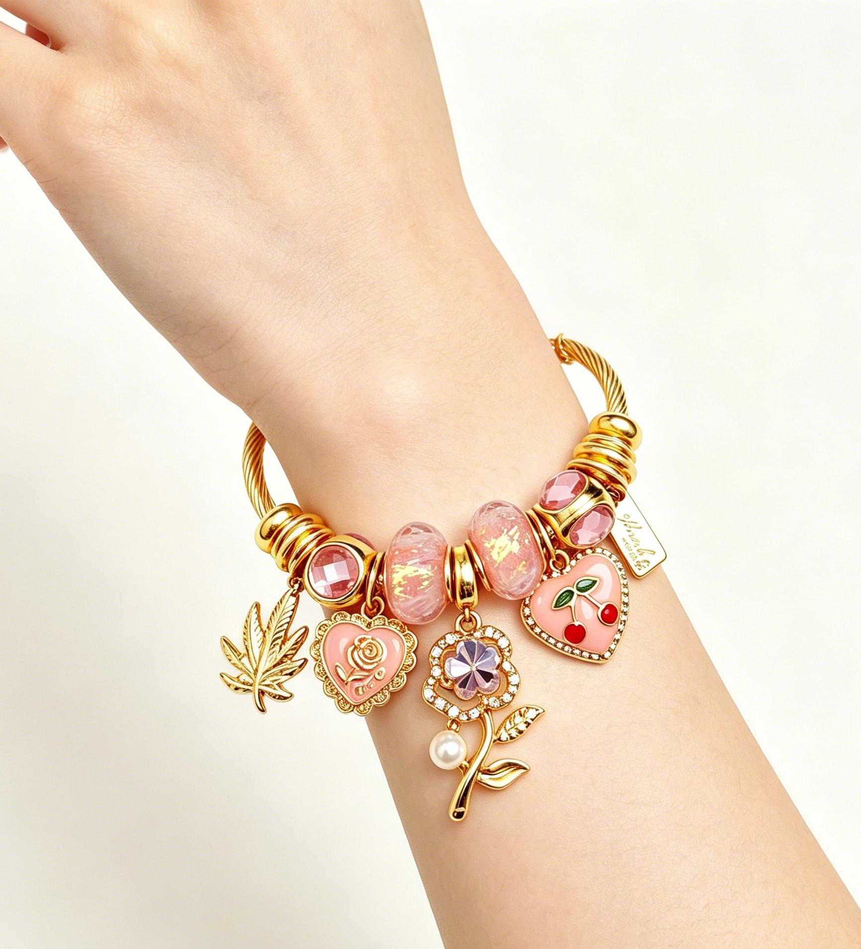 Golden Adjustable Open Cuff Charm Bangle, Cable Wire Beaded Bracelet with Enamel Heart Cherry Rose Maple Leaf Charms, Fashion Stackable Jewelry Gift for Women Girls Golden Adjustable Open Cuff Charm Bangle, Cable Wire Beaded Bracelet with Enamel Heart Cherry Rose Maple Leaf Charms, Fashion Stackable Jewelry Gift for Women Girls