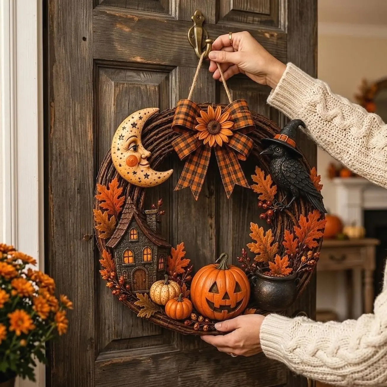 Gothic Halloween Wooden Door Hanger, Witch Raven Pumpkin Front Door Sign, Rustic Fall Wreath Decor, Haunted House Entrance