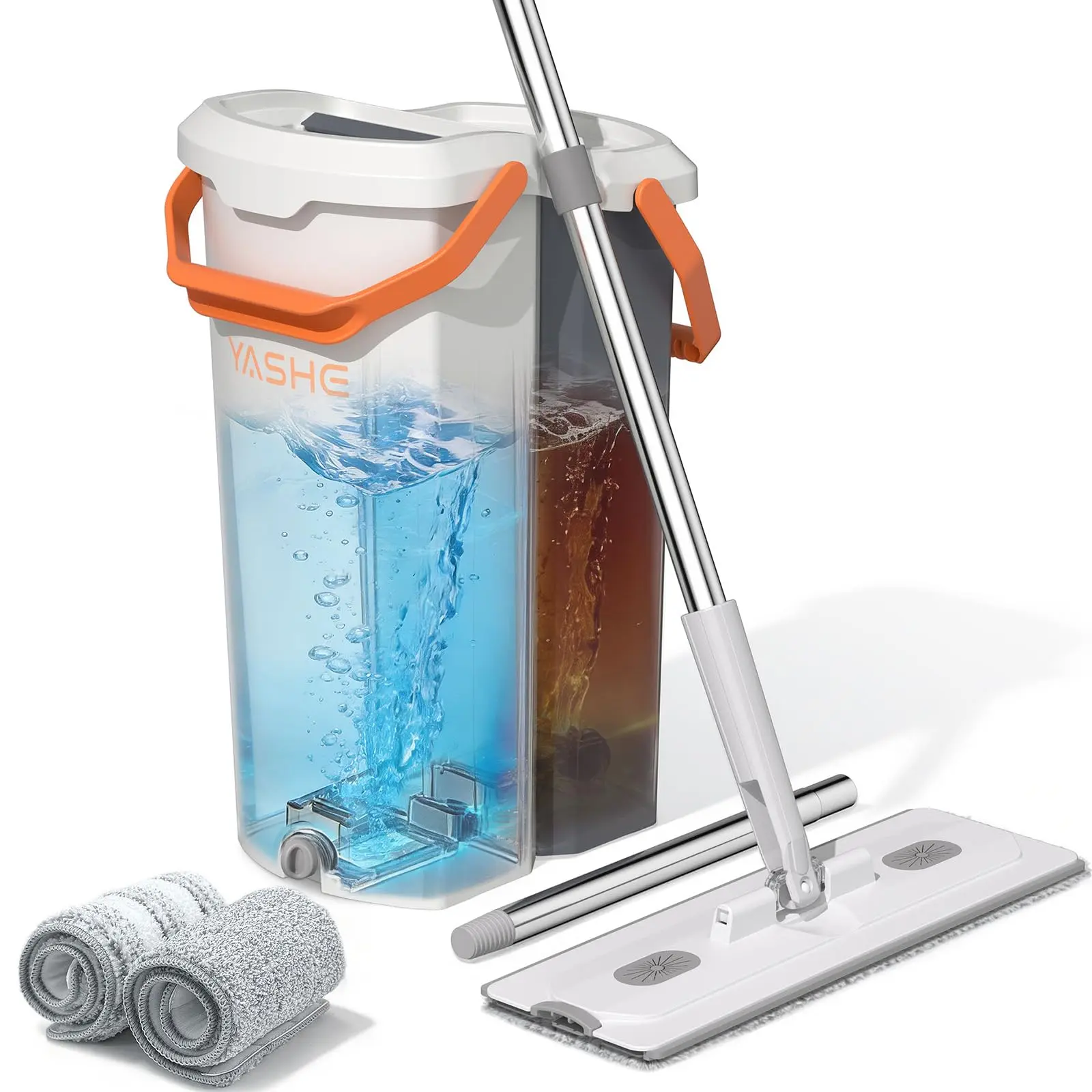YASHE Bucket-Based Spin Mop Set for Home Storage Organization - Detachable Stackable Bucket, Self-Wringer, 2 Microfiber Pads, 360° Rotating Head, Adjustable Handle, Microfiber Towel (Detachable Wringer Mops)