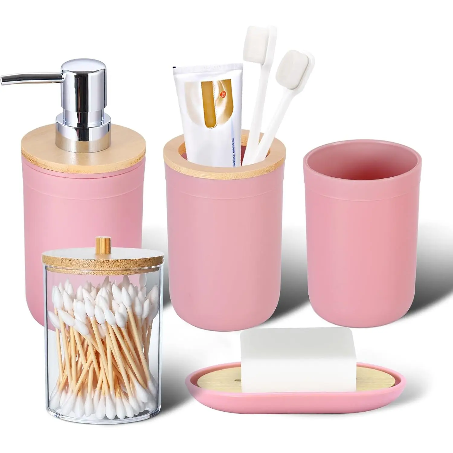 Bathroom Accessories Set 5 count Plastic Bathroom Decor Sets Accessories,  Holder,  Cup, soap Dispenser, soap Dish(Pink  Cover)