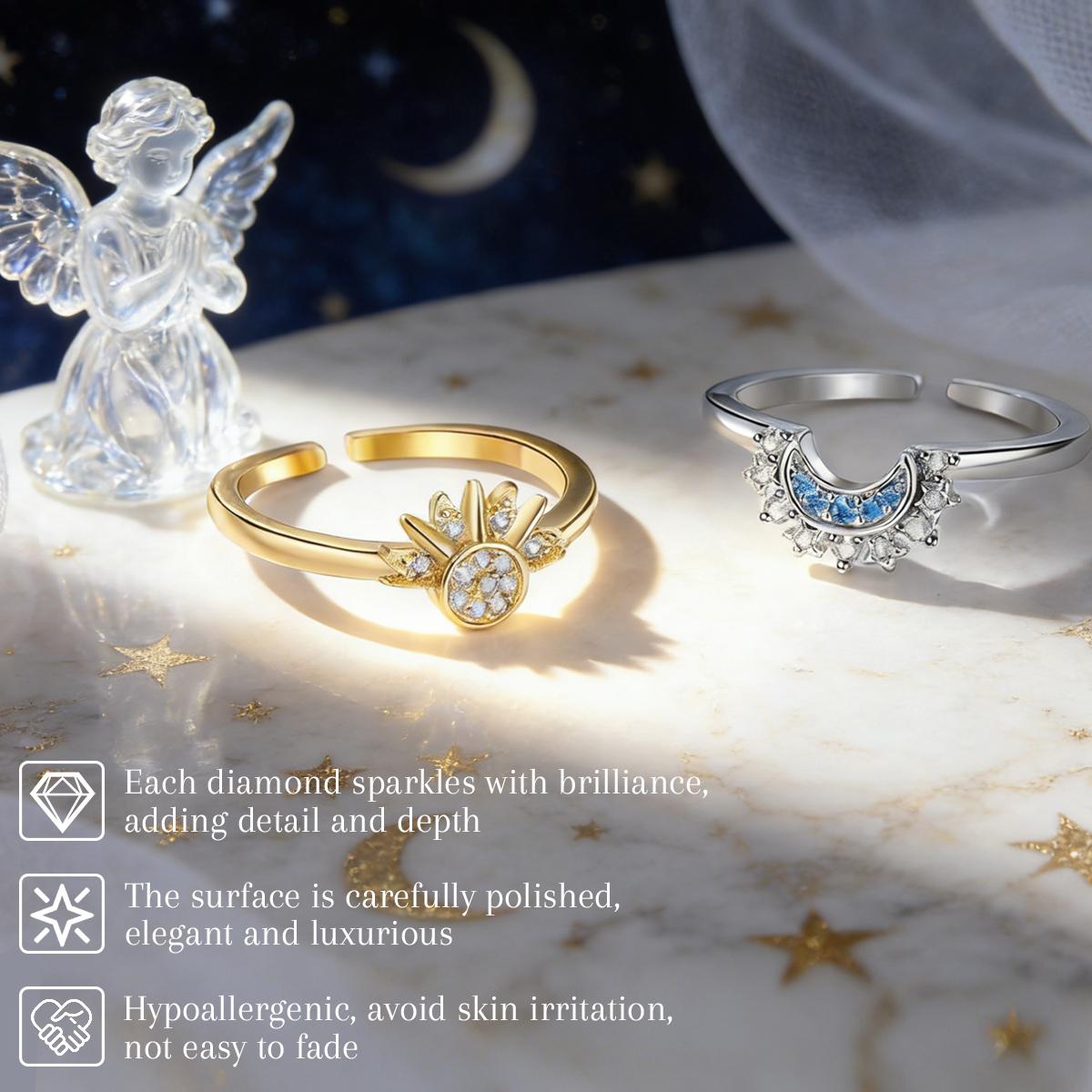 Celestial Sun & Moon Couple Rings Set – Adjustable Matching Promise Rings with Rhinestone, Dainty Stacking Sun Moon Jewelry for Couples, Romantic Gift for Girlfriend, Anniversary, Birthday, Valentine