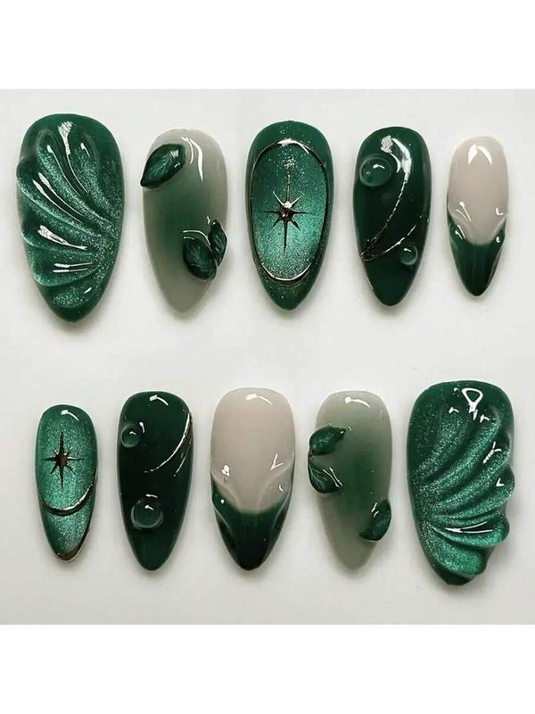 [Chic Cat-Eye Nails] Glossy Green Marble French Cat-Eye Press-On Nails| Medium Almond Shape, Removable Fake Nails With Teal & White Vein Design For A Chic, Cold Look