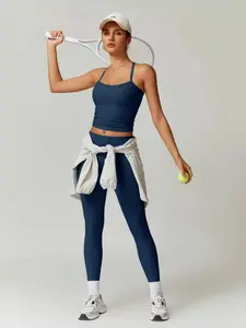 Women's Solid Cut Out Backless Cami Top & High Waist Tummy Control Butt-Lifting Leggings Tracksuit Set, Sporty Comfy Breathable Outfits for Yoga Pilates Gym Workout Running, Ladies Sportswear for All Seasons, Backless Gym Clothes, Sports Quick-Drying