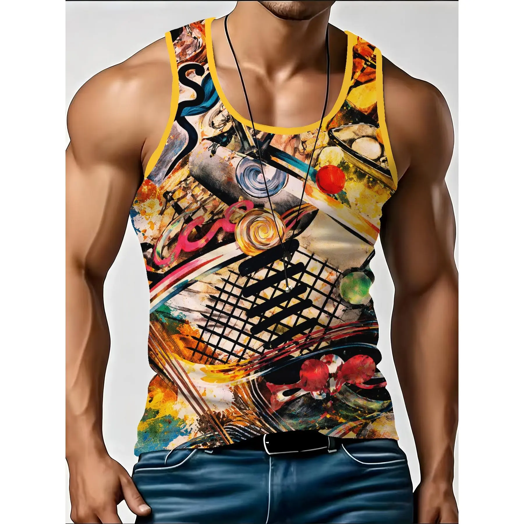 Men's Minimalist Creative Artistic Print Tank Top - Graphic, Gym-Style, Printed, Sleeveless Base Layer for Sports, Fitness, Casual Wear, Graphic Men's Tanks, Gym-Style Men's Tanks