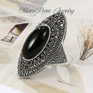 S925 Mother's Day Black Marcasite Vintage Silver Ring with 5 A Cubic Zirconia, Antique Silver Big Black Onyx Stone Ring, Retro Luxury Unisex Jewelry, Bold Oval Design Daily Wear Jewelry Gift for Engagement, Anniversary, and Special Occasions
