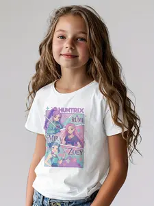 Girls' Fashion T-Shirt, Holiday Party Wear, Round Neck Short Sleeve Tee, Graphic Print Tee, Stranger Things Creative Design Print, Perfect Gift for Ages 4-12