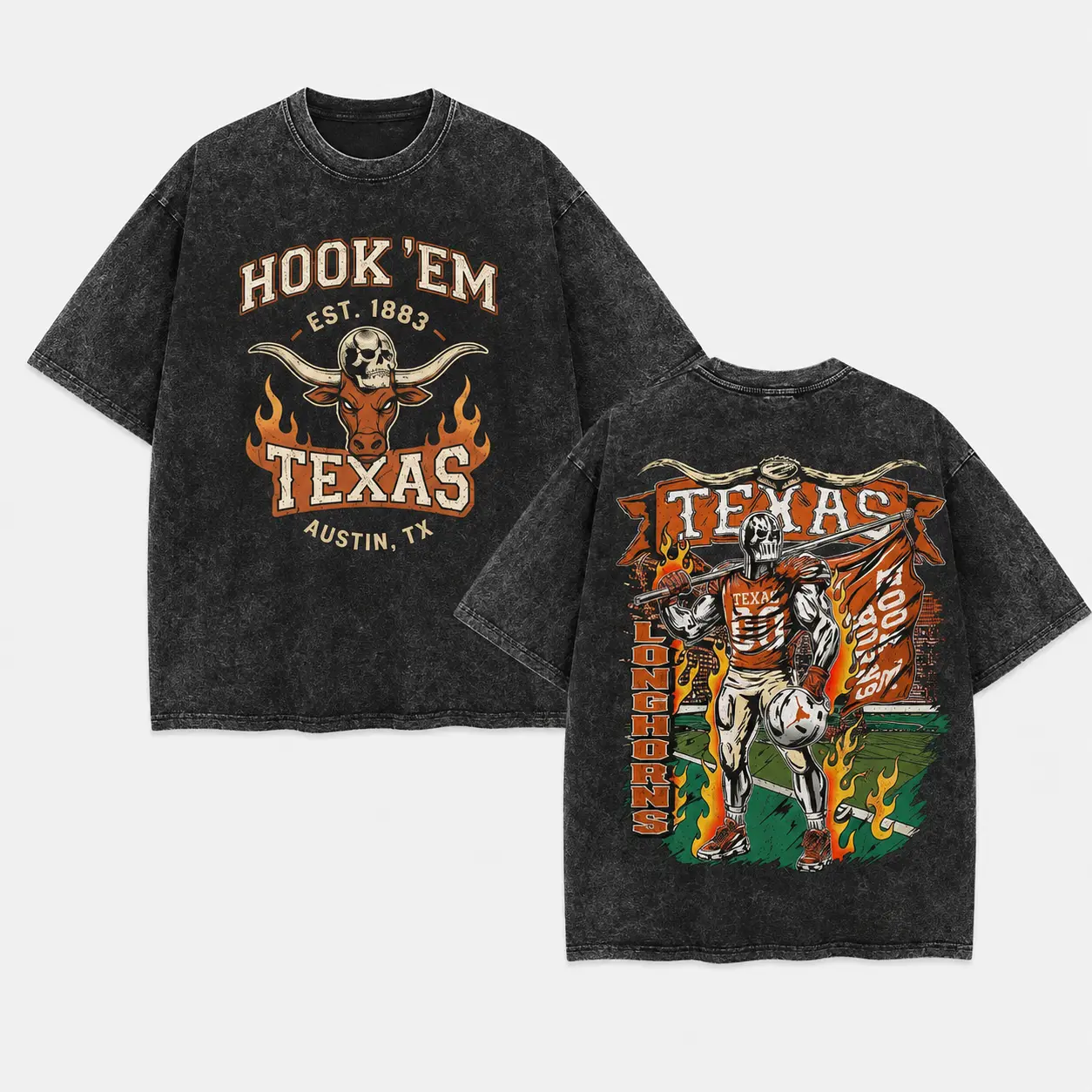 Vintage Texas L0ngh0rns Skull Wash Tee, Grunge Style College Football Merch, Shirt for Football Fans, Trending Us Streetwear, Y2k Style Menswear