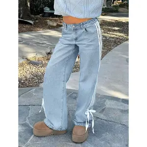 2025 Cross-Border New Products In Stock American Y2k Street Popular Bow Webbing Low-Rise Straight Women's Jeans