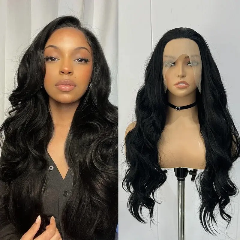 New Black Wig Synthetic Lace Front Wigs For Women Long Hair Body Wavy Heat Resistant Fiber Front Lace Glueless Wig Daily Use Cosplay