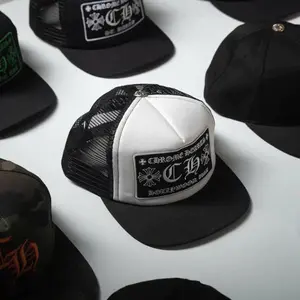 Chrome Hearts Style Black & White Trucker Hat for Men & Women, Gothic Hollywood Cross Patch Mesh Snapback Cap, Adjustable Y2K Biker Hip Hop Streetwear Baseball Hat