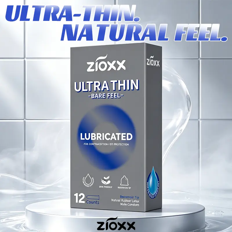 Zioxx Ultra Thin Bare Feel Male Condoms, 12 Pcs Smooth Natural Latex, Water-Based Lubricated Skin-Friendly, 52mm Size with Secure Reservoir Tip Design for Sensitivity & Safety