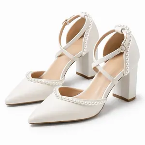 Women Pearl High Heel Pumps Elegant White Party Shoes
