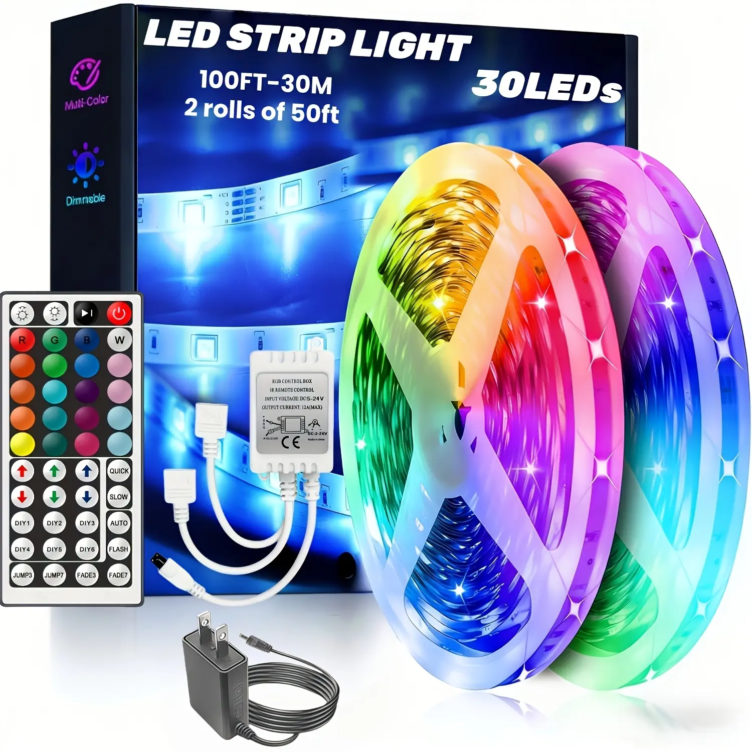 Boluoova 100ft RGB LED Strip Lights (30LEDs/M) - 44Key IR Remote Control Flexible Tape Lights, 100ft Room Wrap, Home Accessory for Bedroom Decor & Room Decor
