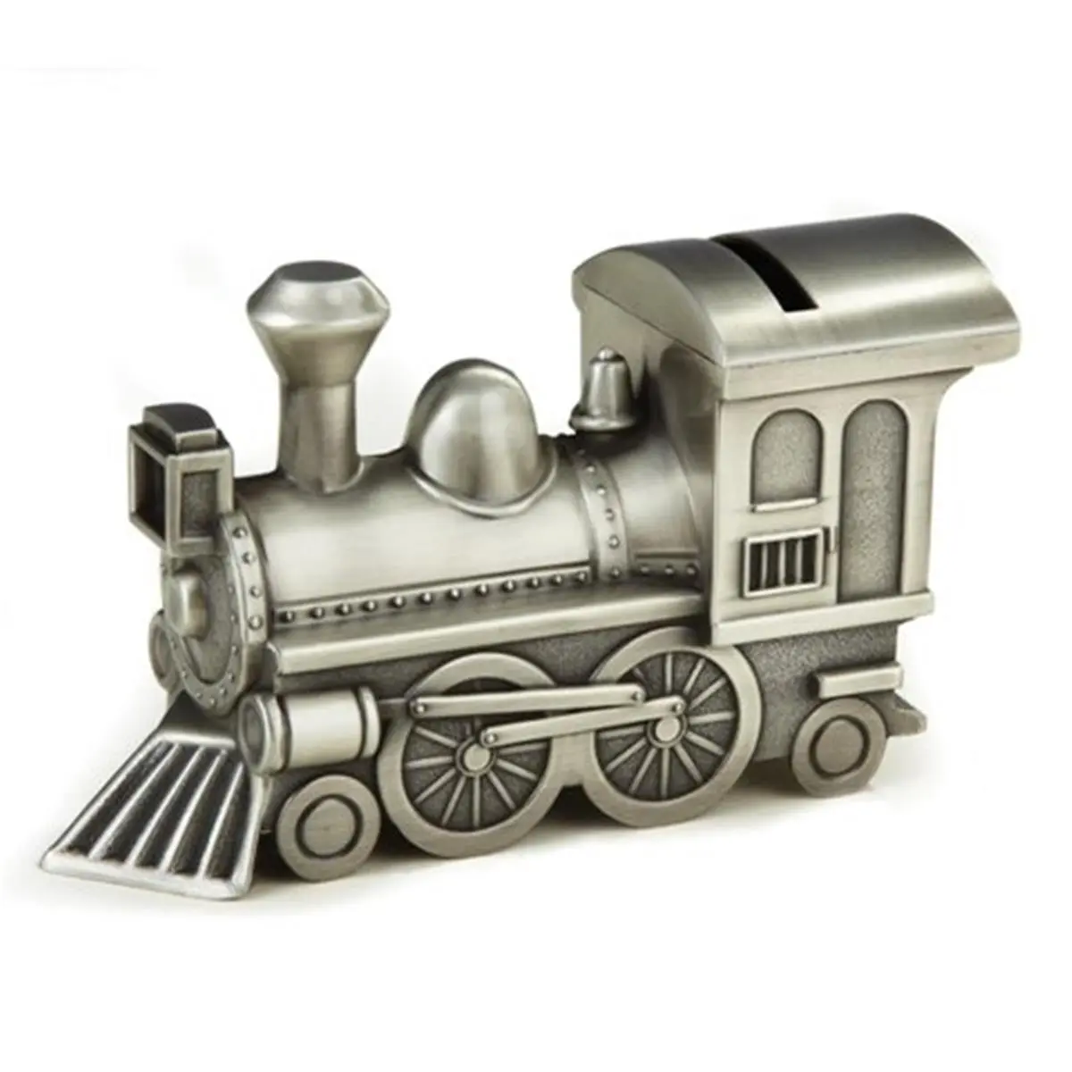 212 MAIN Antique Pewter-Plated Train Coin Drop Piggy Bank - Decorative, Child-Safe, Non-Tarnishing, Stainless Steel Accent, Unisex Kids' Home Decor Supply, 3.25x2.25x6 in., Coin Drop Piggy Banks