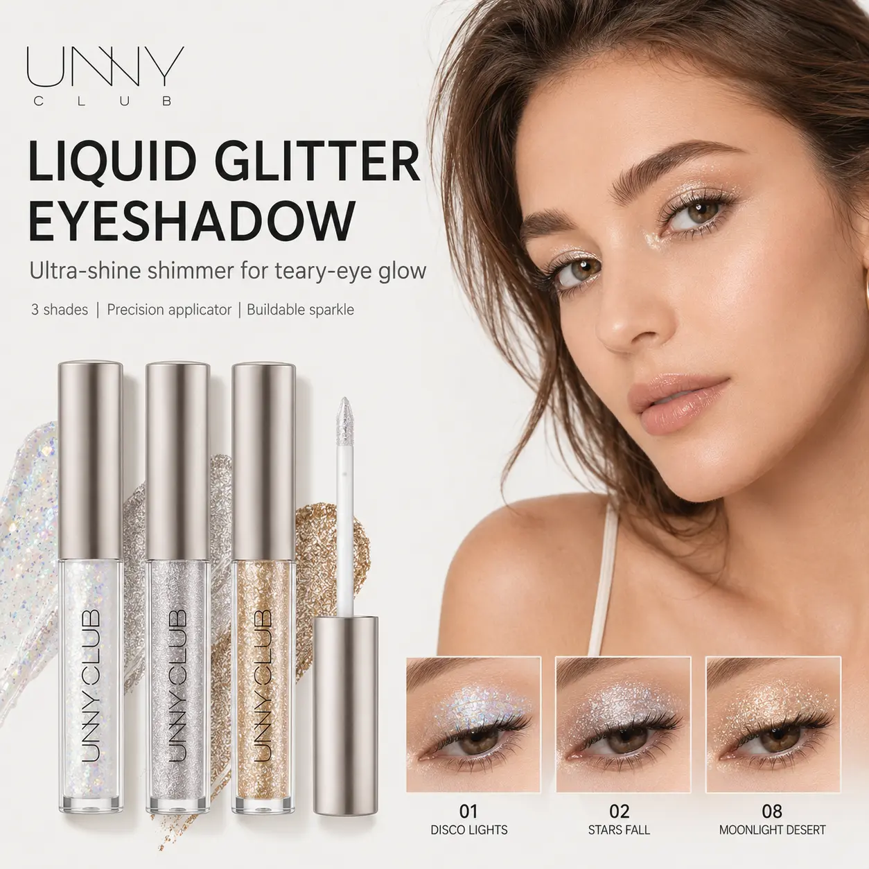unny Liquid Glitter Eyeshadow with Fine Sparkle, High-Shine Pearl Shimmer Cosmetic for Lids and Under-Eye Accents, Shimmer Eyeshadow, Sparkly Makeup, Makeup, Colored Eyeshadow