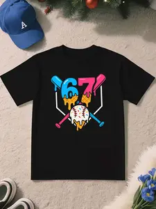 Boys' Casual Sports Short Sleeve Shirt, Cartoon Print Tee, Cool Graphic Tee, Baseball and Six Seven Pattern, Fitted Design, All Seasons Wear, Perfect Christmas Gift for Brothers