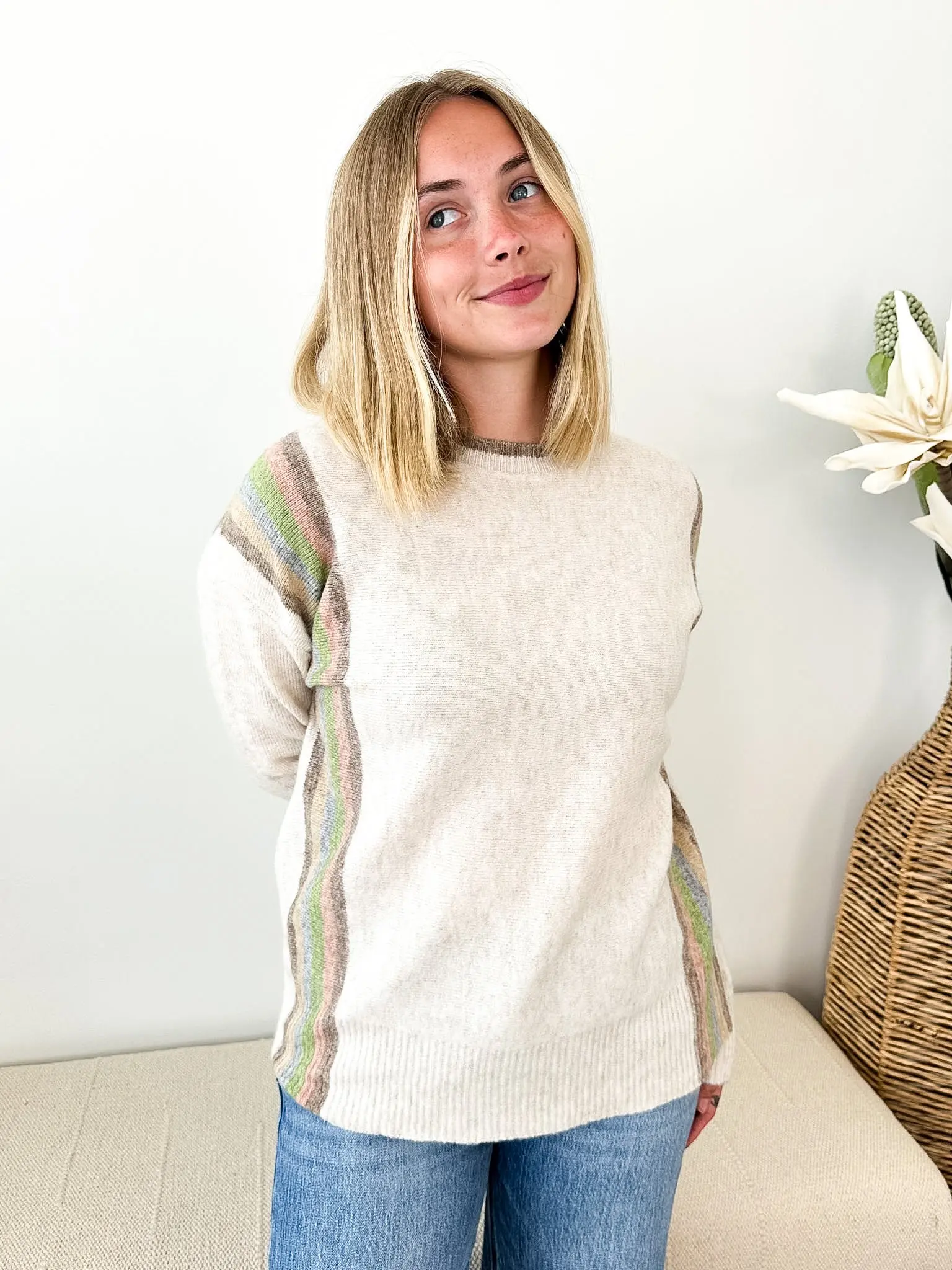 Women's Vertical Rainbow Striped Sweater, Casual Long Sleeve Pullover, Soft and Cozy Wool Blend with Spandex, Knitwear, Style, Top