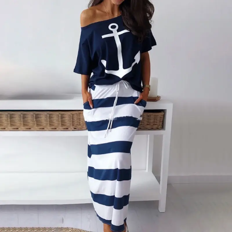 CHICME Women's 2-Piece Casual Short-Sleeve Clothing Set - Lightweight Fabric, Breathable, Round Neck, Striped Boat Anchor Print T-Shirt, Adjustable Drawstring Skirt, Stylish Everyday Wear