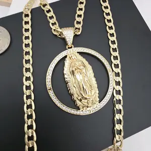 VIRGIN MARY beautiful necklace Cuban link style gold-plated 24"inches clear stone's