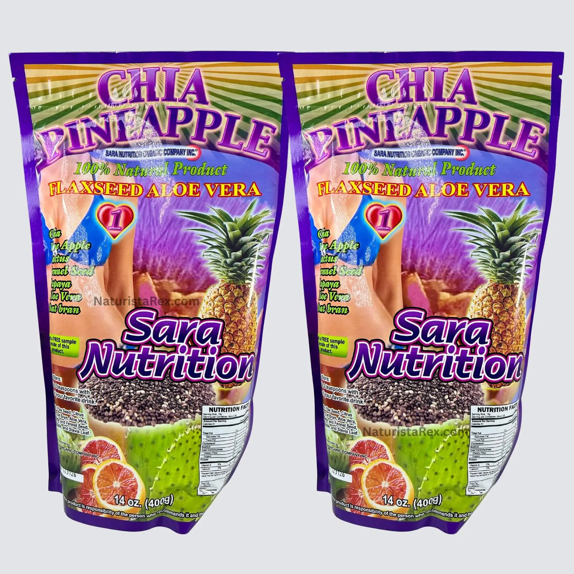 2 PACK Chia Pineapple Flaxseed /Aloe Vera by Sara-Nutrition - 14 oz Powder