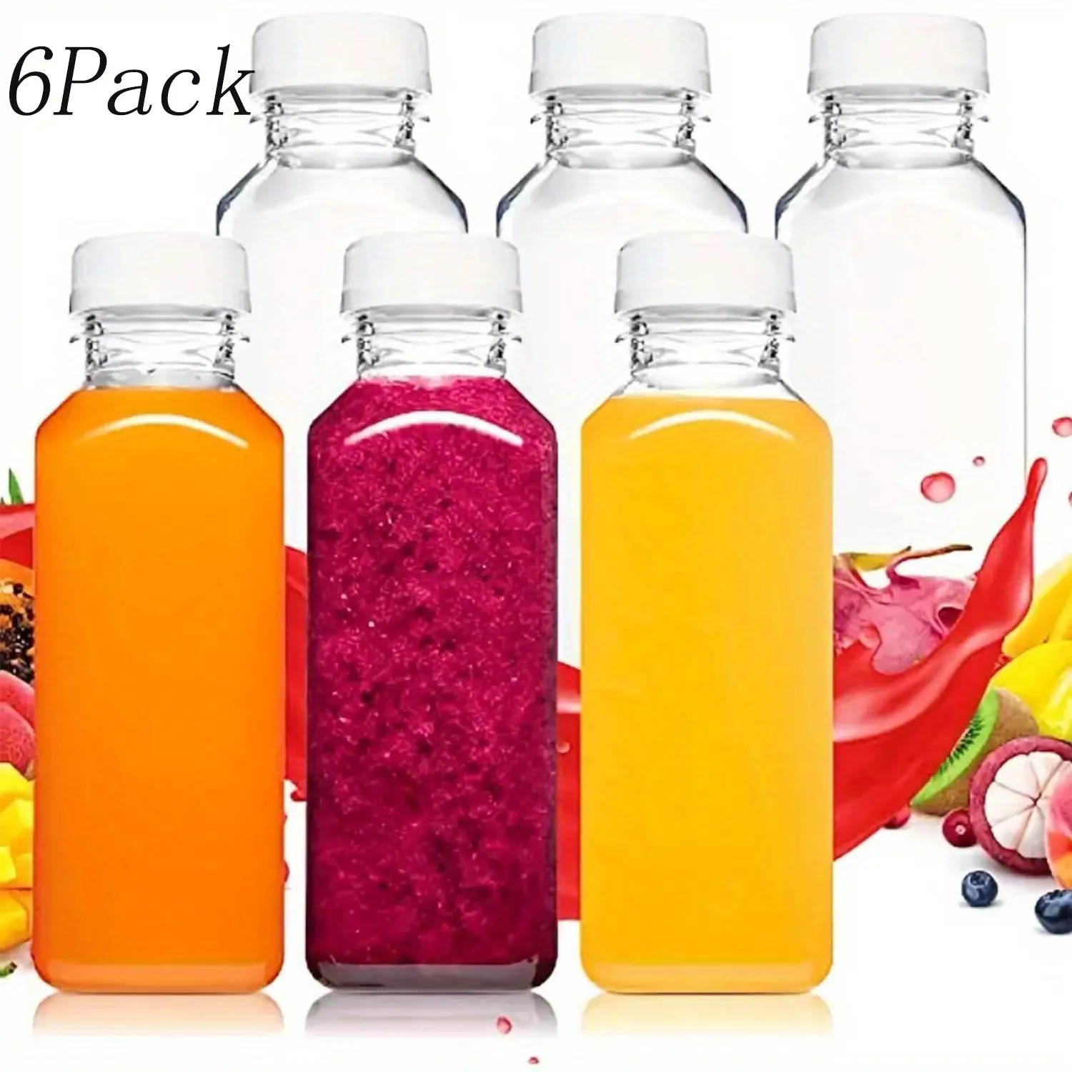 6-Pack Bulk Eco-Friendly 12oz Lightweight Food-Grade BPA-Free Classic Plastic Fruit Juice Containers - Transparent Reusable Disposable Drinkware Storage Bottles with Airtight White Caps, Freezer-Safe for Juicing