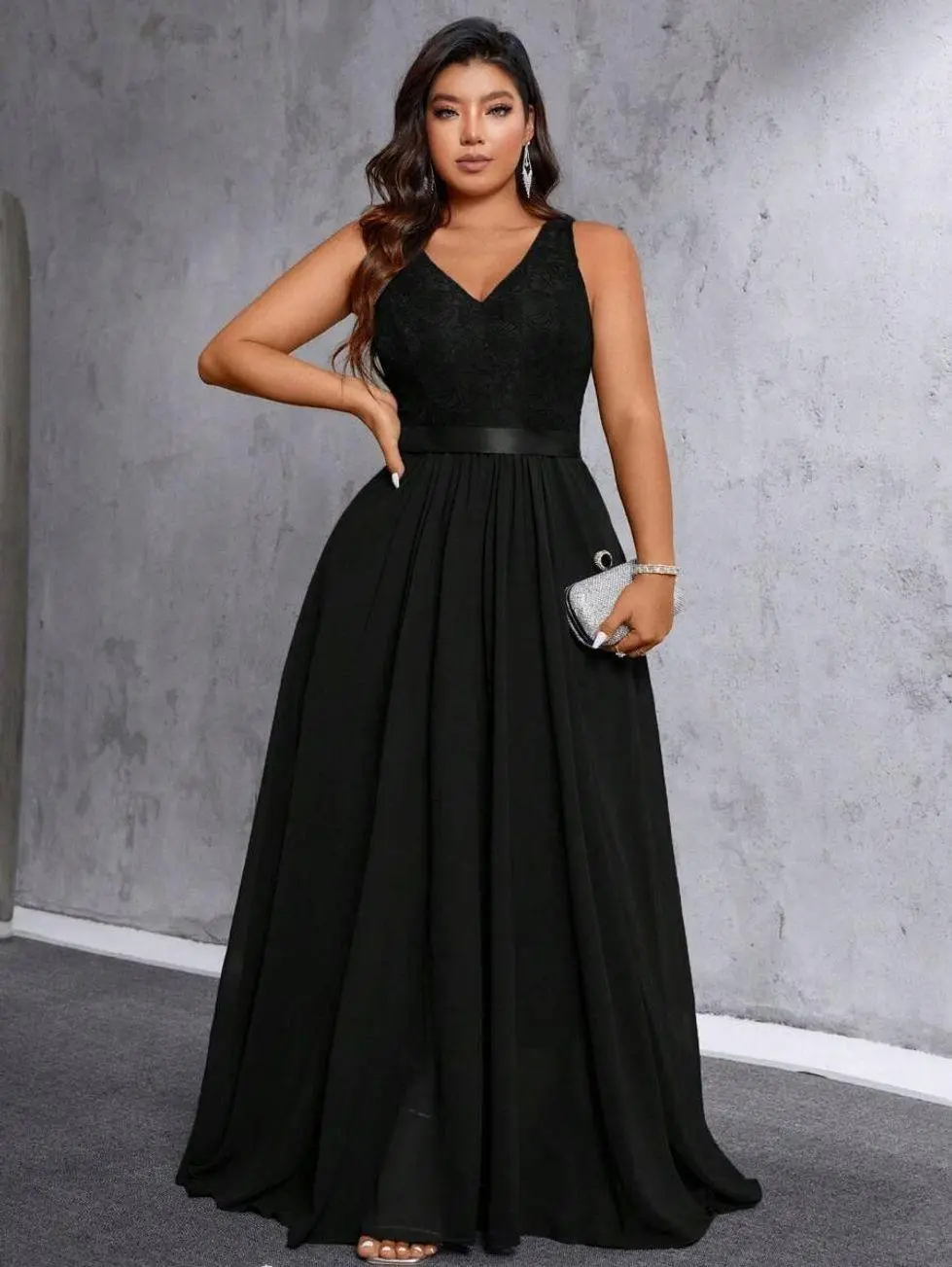 Plus Contrast Lace Sleeveless Dress Maxi Women Outfit