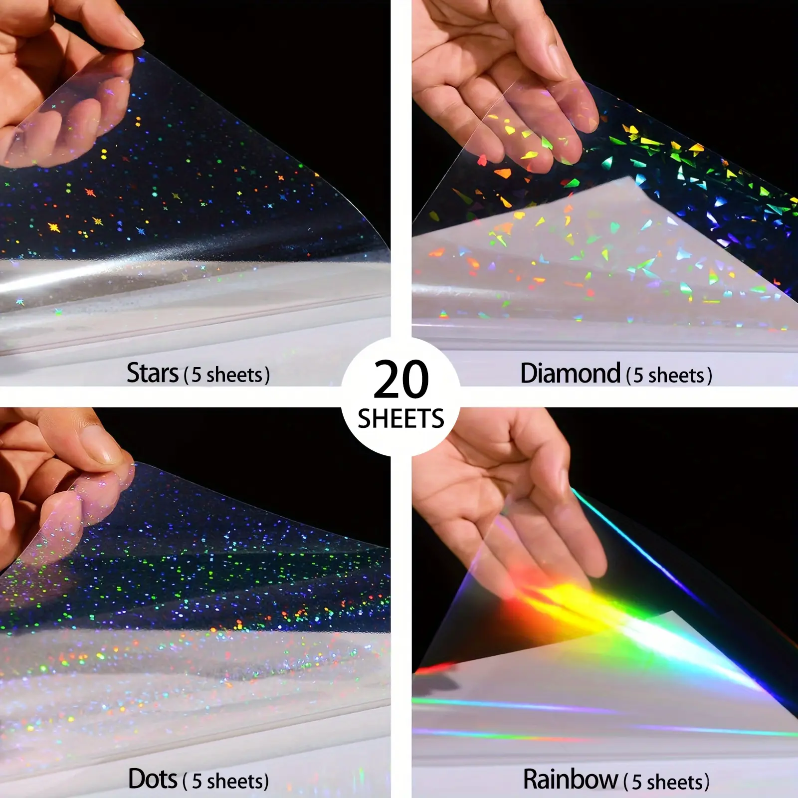 Transparent High Gloss Cold Press Film, 20/40 Sheets A4 Size 8.3x11.7 Inches, Mixed Styles Diamond Rainbow Star Dot, Waterproof Self-Adhesive Vinyl Decorative Glossy Stickers, Decoration Sticker, Crafts