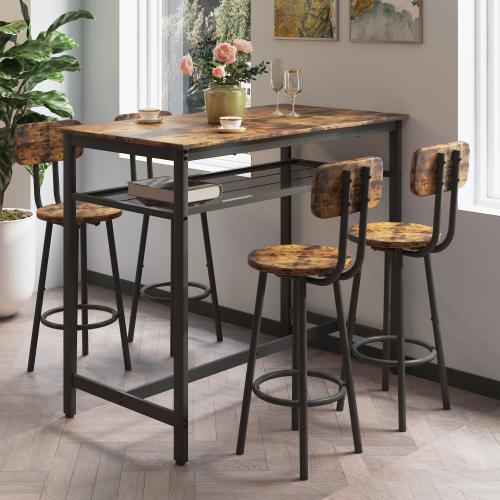 5 Pieces Dining Table Set for 4, Rectangle Pub Bistro Table with Storage Shelves, 4 Stools with Backrest, Counter Height Dining Table Set for Kitchen Breakfast Nook Restaurant (Brown)