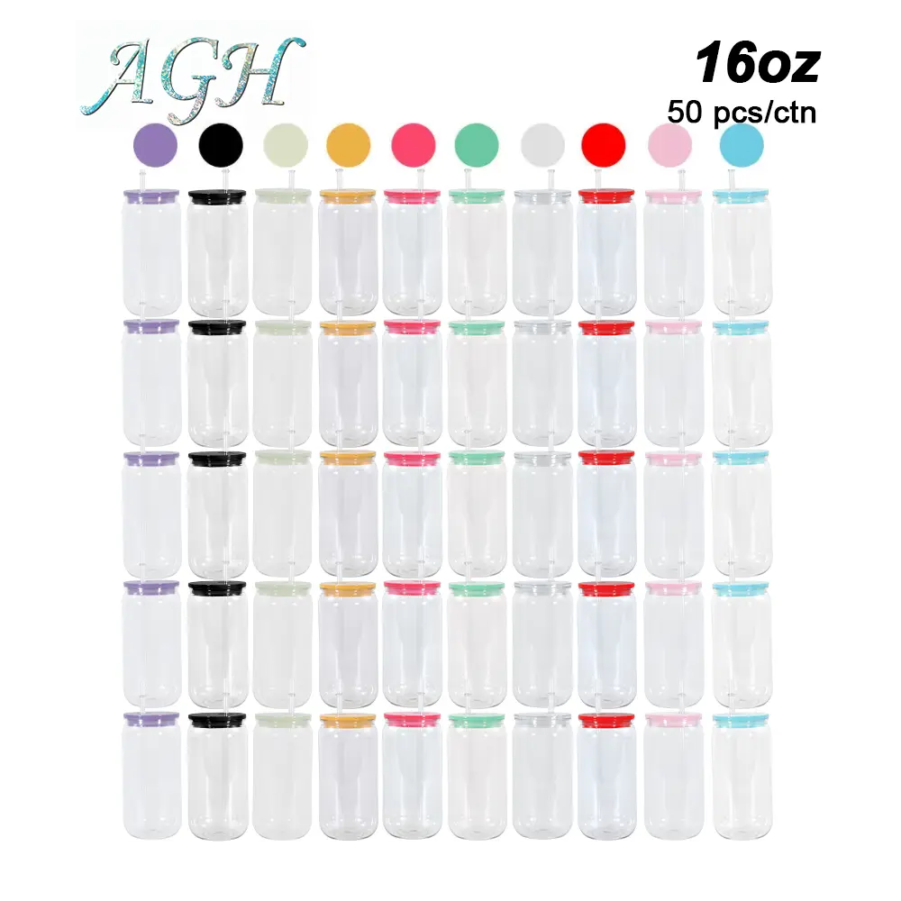 AGH 50pcs 16 oz Single Wall Acrylic Can Plastic Cups with Colored Lid & Straw Reusable Tumbler for Ice Drinking Gifts Drinkware
