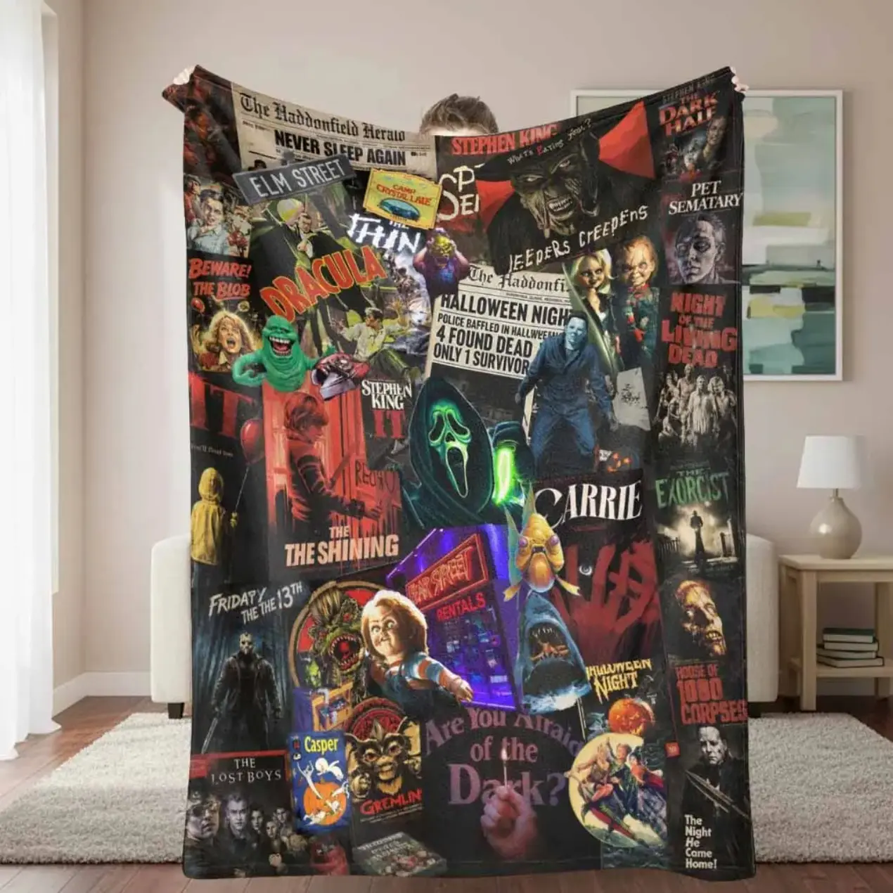 Classic Horror Movie Poster Print Flannel Nap & Decorative Blanket Halloween - Iconic Vintage Cult Cinema Design, Ultra Soft Plush, Warm, Cozy, Breathable, Lightweight, Anti-Pilling, Indoor/Outdoor Throw - Ideal for Movie Nights, Halloween Gifting Adults